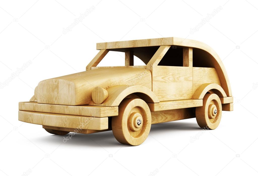 Wooden car close-up isolated on white background. 3d.