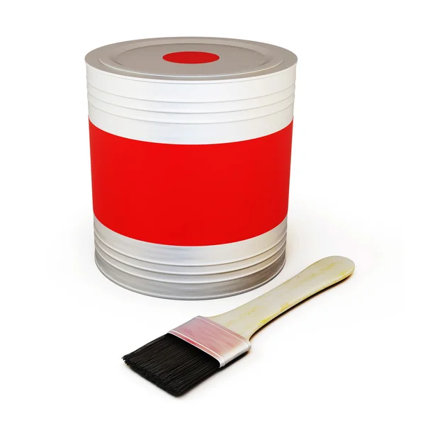 Rote Farbdose mit Pinsel — Stockfoto
