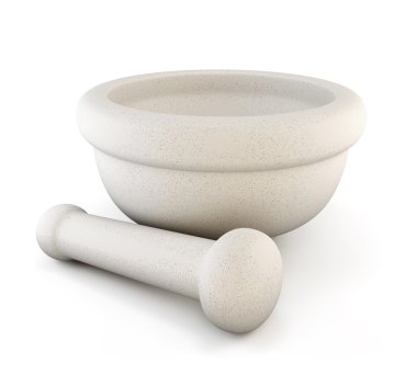 Harç ve beyaz arka plan üzerinde izole havaneli. 3D.