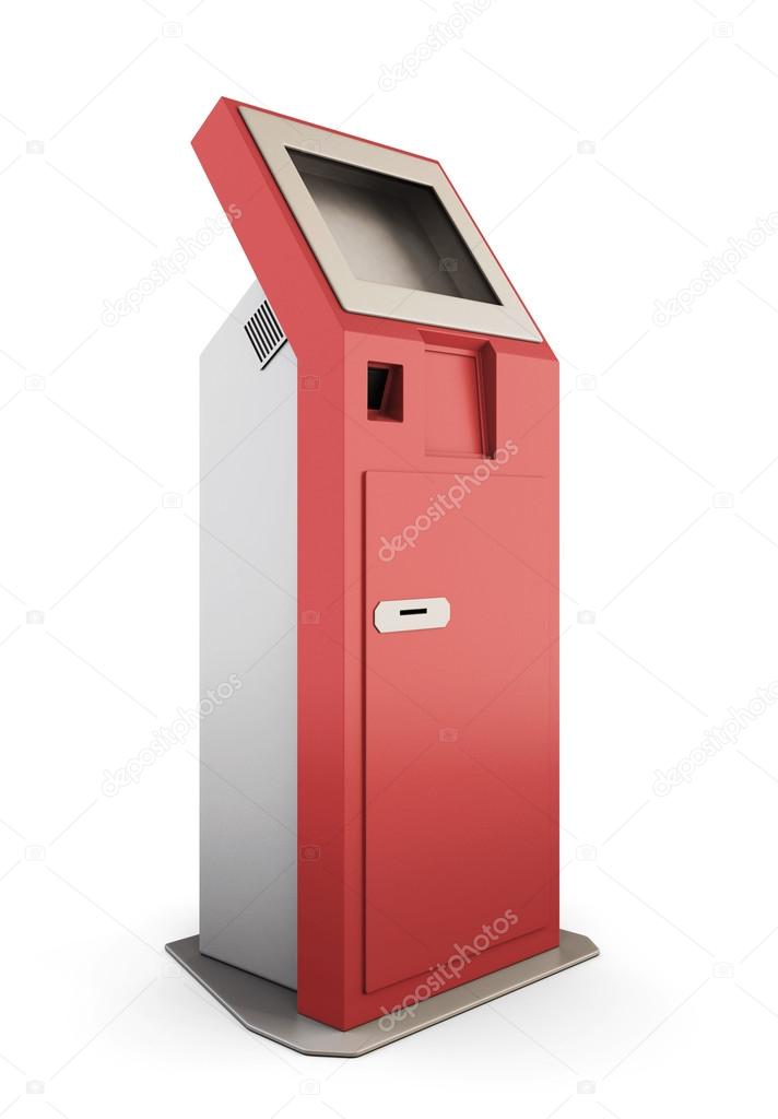 Red interactive kiosk isolated on white background. 3d.