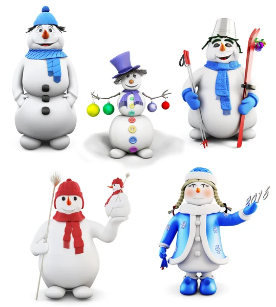Σύνολο χαρούμενα χιονάνθρωπους που απομονώνονται σε λευκό φόντο. 3D. — Φωτογραφία Αρχείου