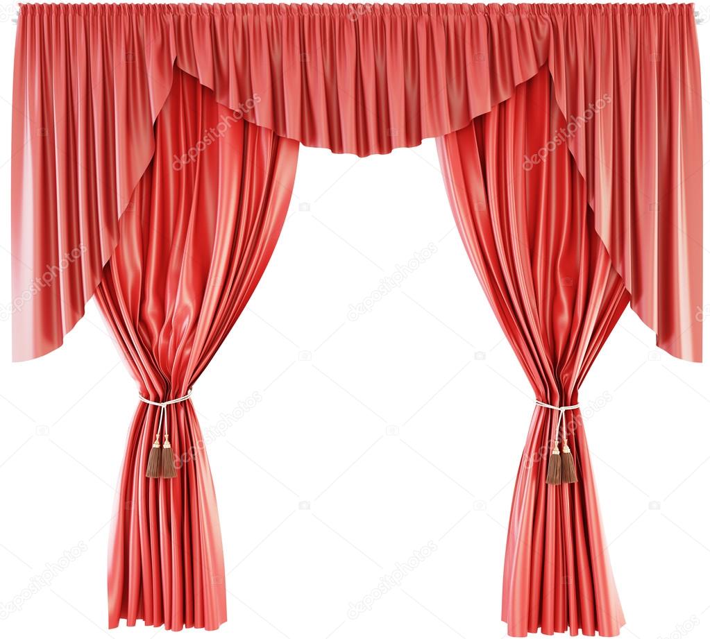 Red curtain with lambrequin isolated on a white background. 3d.