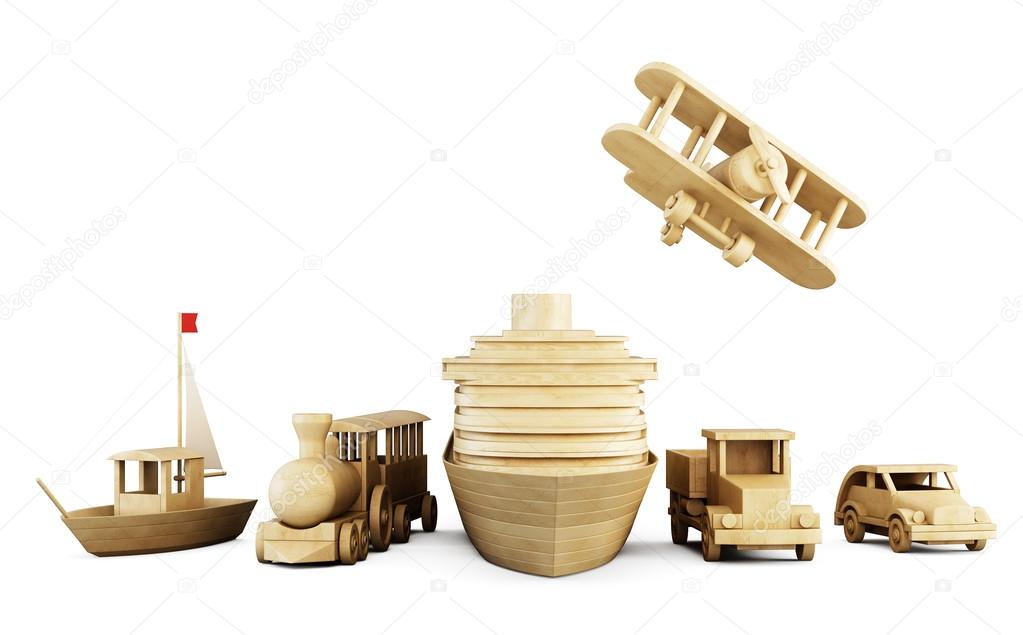 Set of wooden toys - different types of transport.