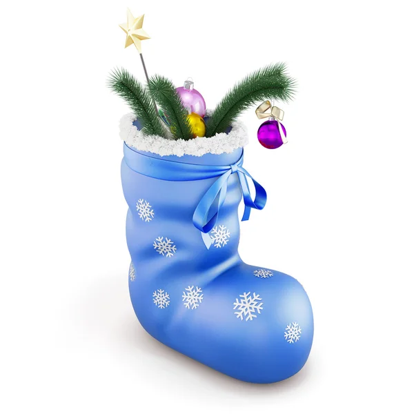 Blaue Weihnachtssocke mit Geschenken auf weißem Hintergrund. 3d. — Stockfoto