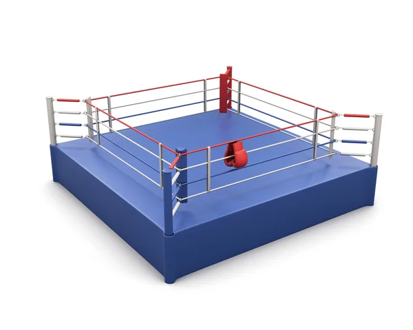 Boxring und Handschuhe an den Seilen. 3d. — Stockfoto