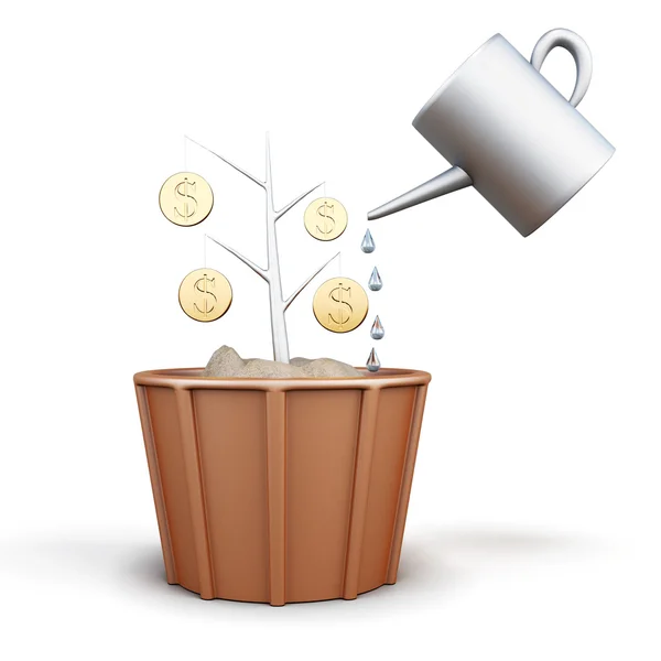 Conceptual image of a tree with coins is watered from a watering — Stock Photo, Image