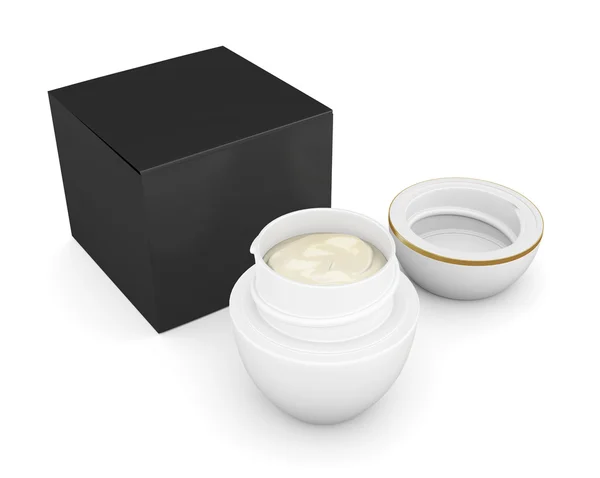 Box with an open jar of cream. 3d rendering. — Stock Photo, Image