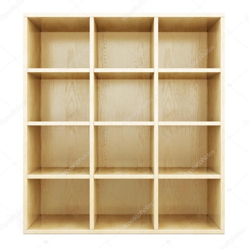 Empty wooden shelves on a white background.