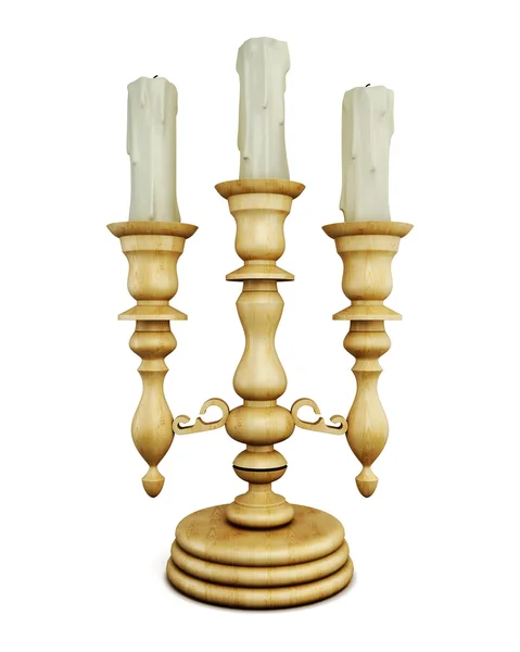 Wooden chandelier with candles on white background. — Stock Photo, Image