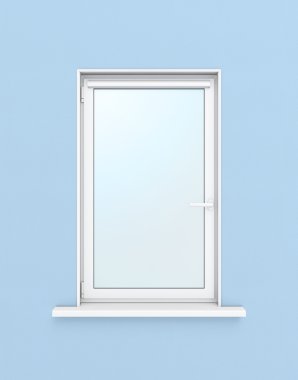 Mavi duvar beyaz plastik pencere. 3D çizim