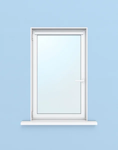 Ventana de plástico blanco en la pared azul. ilustración 3d — Foto de Stock