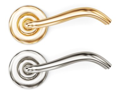 Beyaz bir arka plan üzerinde iki klasik kapı kolu. 3D render