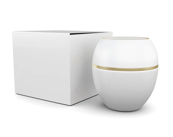 Bank mit Creme und Schachtel auf weißem Hintergrund. 3D-Darstellung — Stockfoto