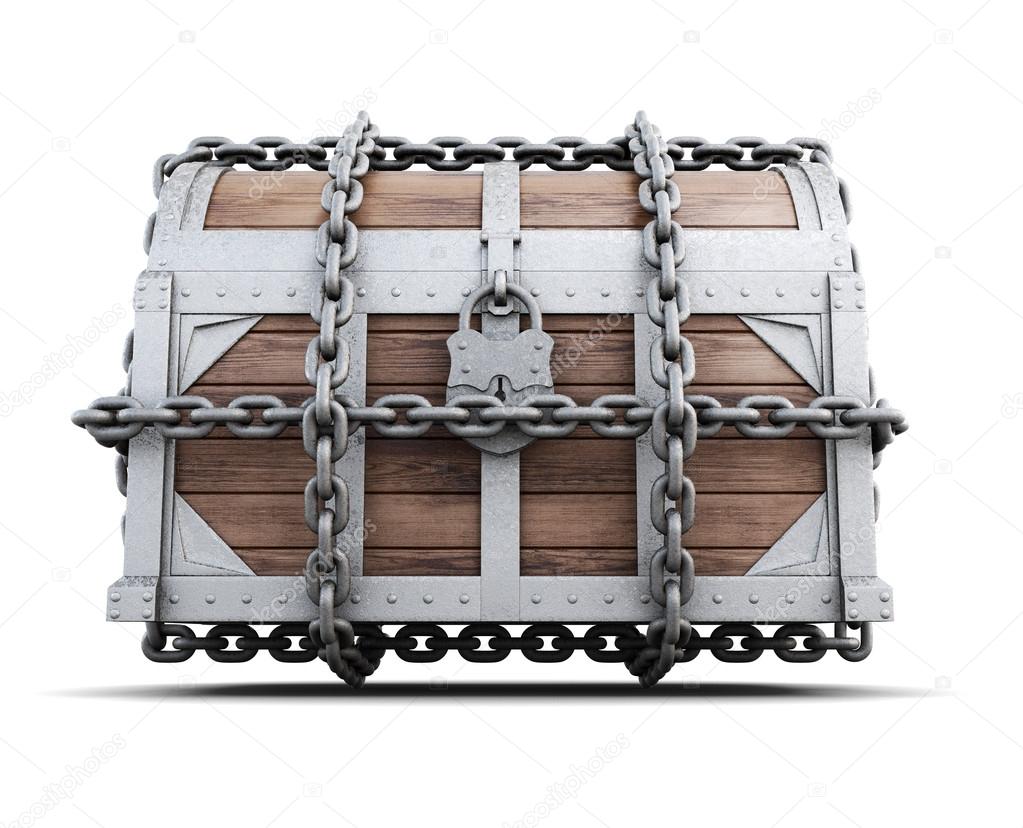 Chest locked and bound with chains on a white background. 3d ren