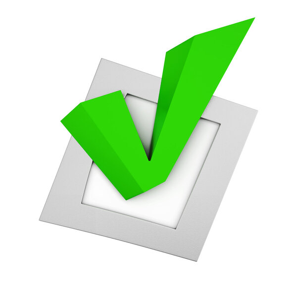 Green tick in the small box on white background. 3d rendering