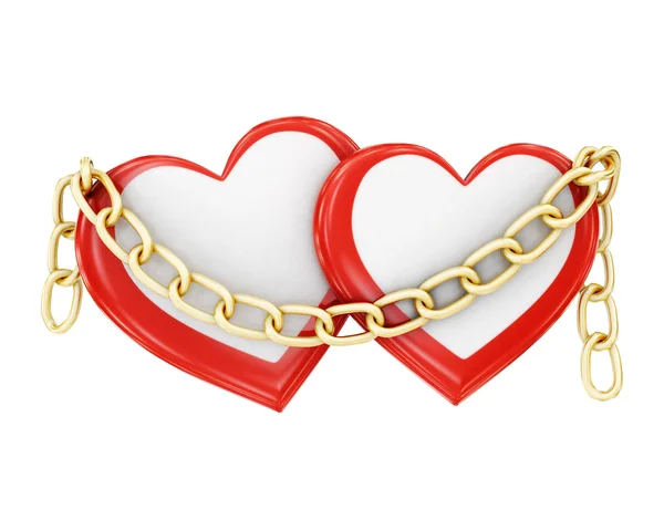 Dwa serca w łańcuchy na białym tle. renderowania 3D — Zdjęcie stockowe
