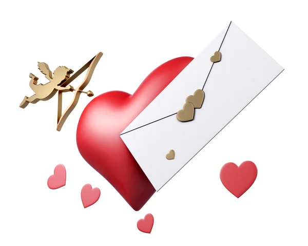 Aşk tanrısı, kalp ve mektup Sevgililer kartı beyaz arka plan üzerinde. 3D r — Stok fotoğraf