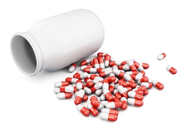 Порожня пляшка і таблетки розкидані на білому тлі. 3D візуалізація — стокове фото