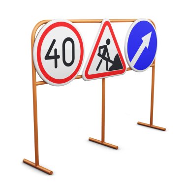 Beyaz arka plan üzerinde izole trafik işaretleri ile stand. 3D render