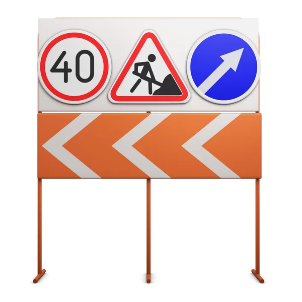 Stand con segnali stradali su sfondo bianco. Illustrazione 3d — Foto Stock