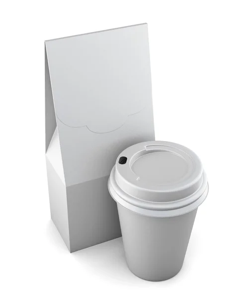 Weiße Papiertüte und Tasse auf weißem Hintergrund. 3D-Darstellung — Stockfoto