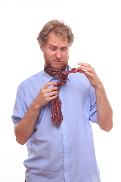 Man first time at morning tie a tie on his neck — Stock Photo, Image