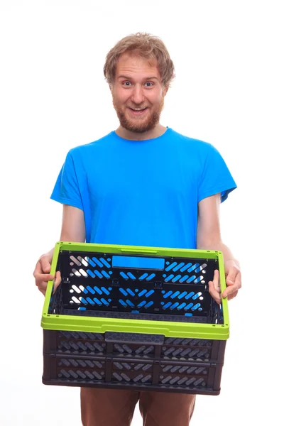 Man with empty container on white background — Stock Photo, Image