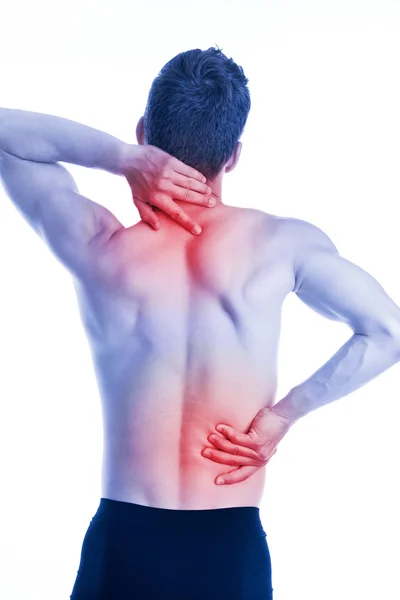 Man has pain in the neck and hips on the back — Stock Photo, Image