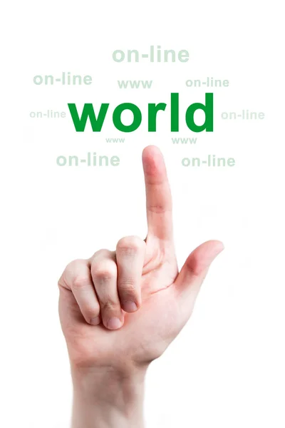 Finger clicks world word online — Stock Photo, Image