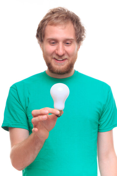 Bearded man holding an idea light bulb