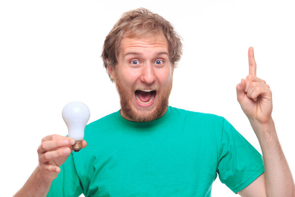 Happy bearded man with Idea and bulb
