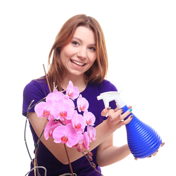 Bonita niña riego flor de orquídea con spray — Foto de Stock