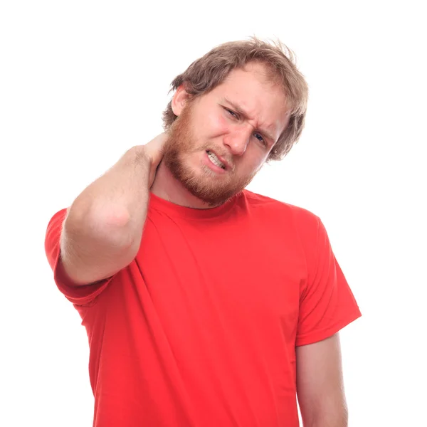 Hombre barbudo con dolor de cuello sobre fondo blanco —  Fotos de Stock