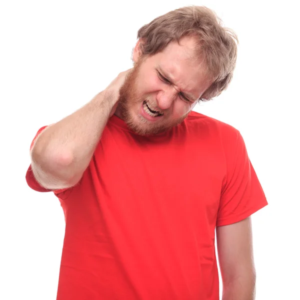 Hombre barbudo con dolor de cuello sobre fondo blanco — Foto de Stock