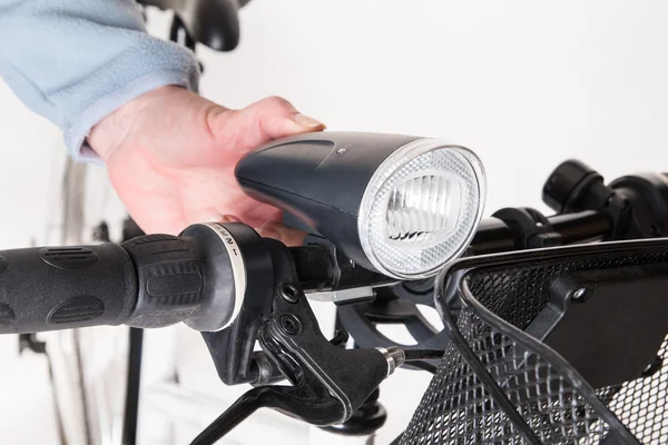 Front bicycle lamp on the steering whee — Stock Photo, Image