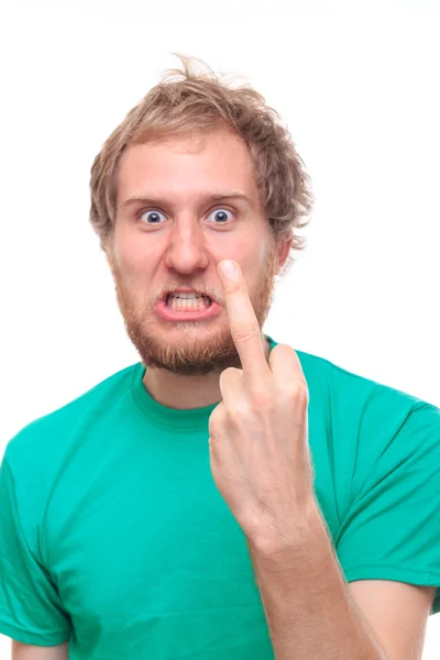 Man with middle finger gesture — Stock Photo, Image