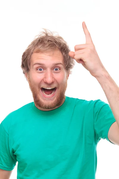 Excited man pointing with finger up — Stock Photo, Image