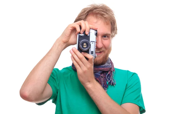 Portrait of man with classic camera — Stock Photo, Image