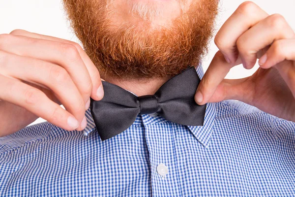 Bearded man ties a bow tie at the collar — Stock Photo, Image