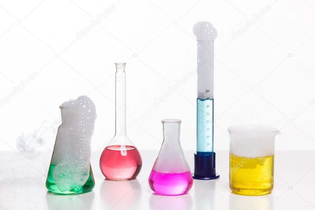 chemical glasses with colored liquid  