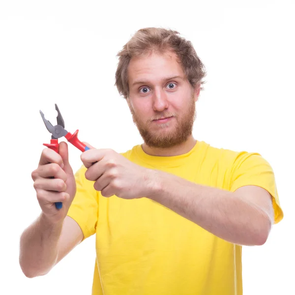 Sakallı adam pense holding — Stok fotoğraf