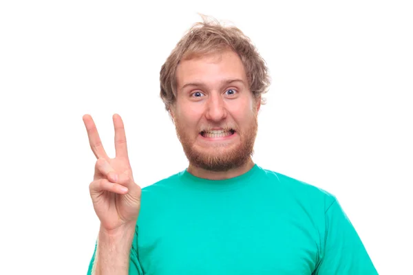 Mutlu bir adam gösteren zafer işareti — Stok fotoğraf