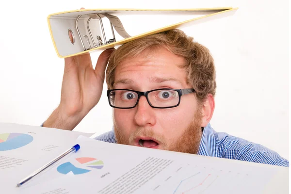 Earthquake at work - worker under the desk — Stock Photo, Image