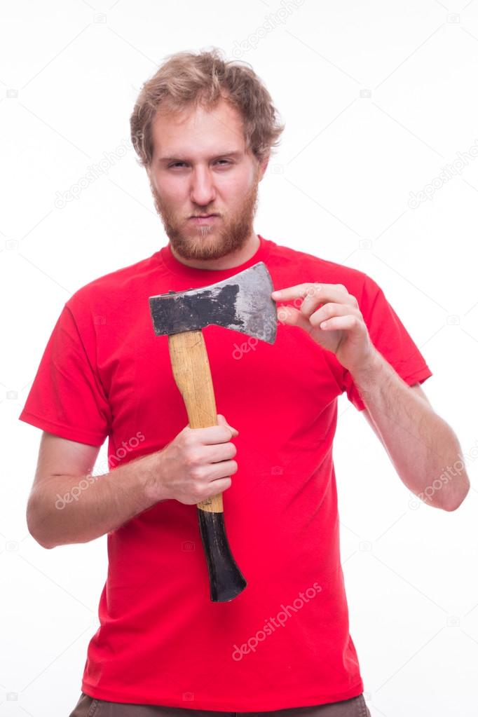 Download Goofy Man Expressing Surprise while Holding an Axe
