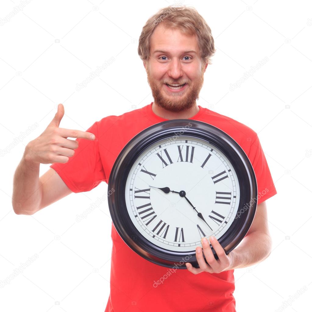 happy man holding clock