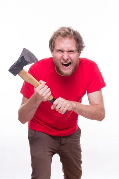 Homem louco segurando machado afiado — Fotografia de Stock