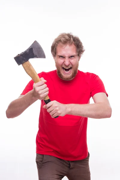 Mad man holding sharp ax — Stock Photo, Image