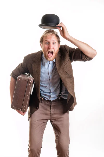 Extroverted old-fashioned bearded man in an old suit — Stock Photo, Image