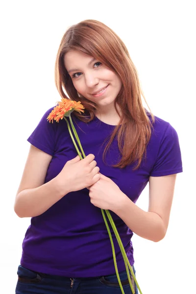 Woman giving flowers — Stock Photo, Image