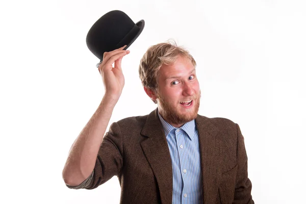 Old-fashioned bearded man with Victorian bowler hat — Stock Photo, Image